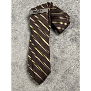DKNY Mens Silk Necktie Brown Green Tan Diagonal Striped‎ Classic Business Tie